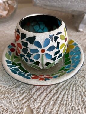 Handcrafted Mosaic Flower Tealight Holder - Multicolor